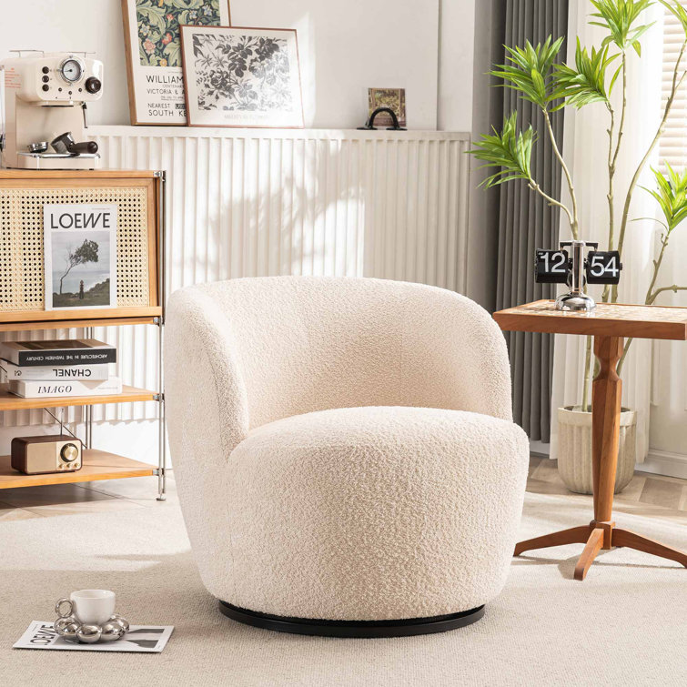 Hadriel Small Swivel Chair Full Assembled Boucle Upholstered Fabric Barrel Chair Small Space Armchair Ivy Bronx Body Fabric Light Beige Boucle